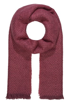 Weicher, langer Mauve-Schal mit dezentem Rautenmuster und fransigen Enden, lässig zu einer kreisförmigen Schlaufe gelegt.