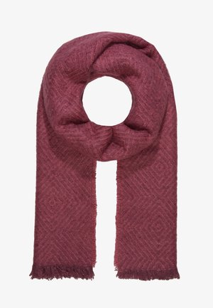 Écharpe mauve douce et longue avec un motif discret en losanges et des bords à franges, bouclée de manière lâche en forme de cercle.