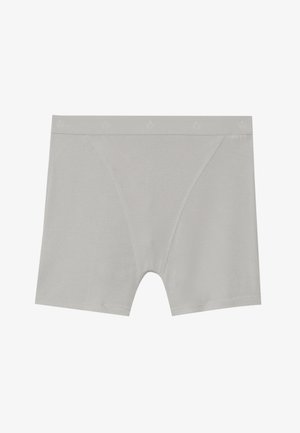 Svijetlosive bokserice izrađene od rebraste tkanine. Imaju glatki, elastični pojas s suptilnim detaljima loga. Kratak dizajn nogavica.