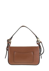 Borsa a tracolla in pelle marrone con texture liscia, forma rettangolare, bordi neri e doppio manico. Presenta una tasca frontale e accessori in oro.