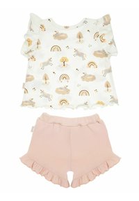 Biała bawełniana koszula z nadrukiem jednorożca i tęczy, z falbankami na rękawach, zestawiona z różowymi szortami z falbaną na dole. Miękkie i lekkie materiały.