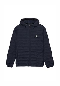 Navy blue quilted hooded jacket with front zipper, drawstrings on hood, elastic cuffs, and small logo patch on left chest.