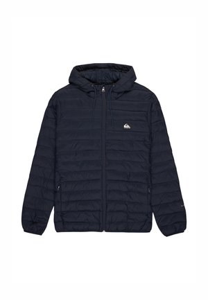 Navy blue quilted hooded jacket with front zipper, drawstrings on hood, elastic cuffs, and small logo patch on left chest.