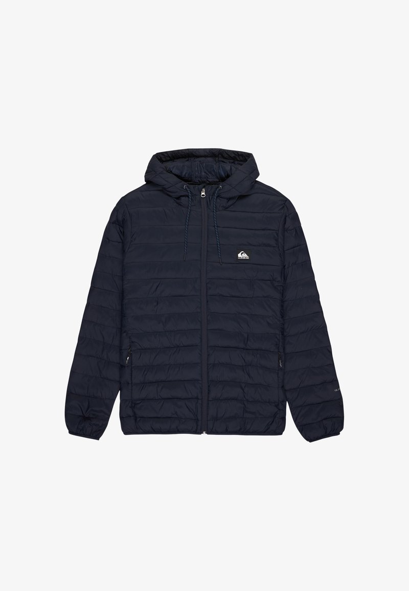 Navy blue quilted hooded jacket with front zipper, drawstrings on hood, elastic cuffs, and small logo patch on left chest.
