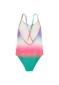 Maillot de bain une pièce avec un motif dégradé en rose, violet et turquoise, des bretelles croisées et un tissu lisse et extensible.