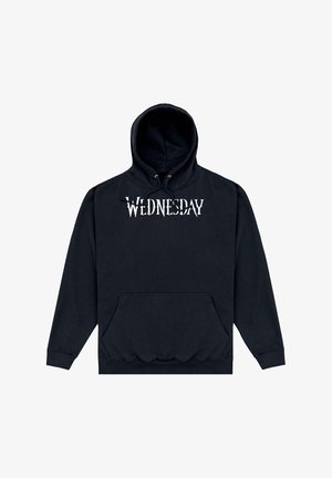 Felpa nera con cappuccio regolabile con coulisse, tasca frontale e la scritta "WEDNESDAY" in carattere bianco stilizzato sul petto.