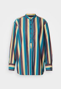 Ριγέ πουκάμισο με κολάρο που κουμπώνει, διαθέτει τιρκουάζ, βιολετί, κίτρινες και καφέ ρίγες, πλήρη μανίκια και κοντό κουμπί.