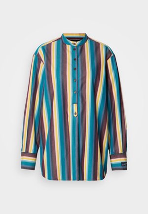 Črtasta srajca z ovratnikom na gumbe, vsebuje teal, vijolične, rumene in rjave črte, dolge rokave in kratek gumbasti placket.