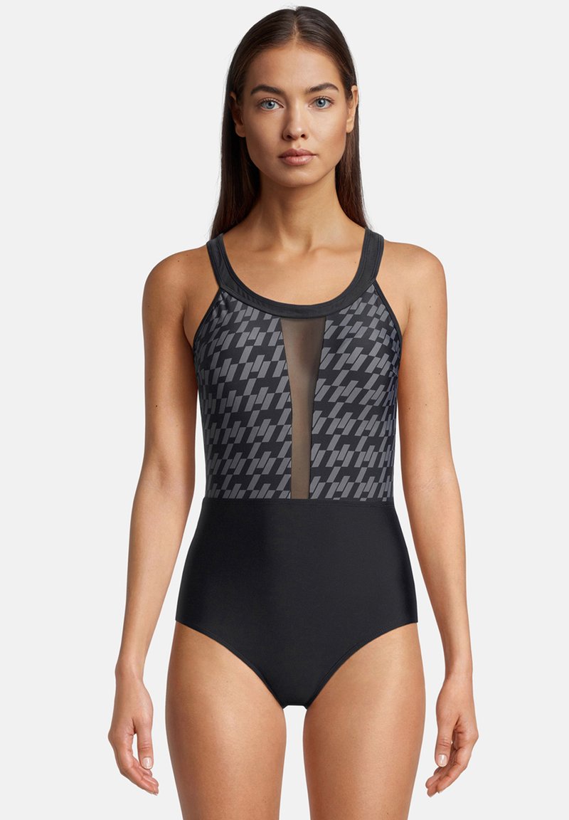 Maillot de bain une pièce noir avec un haut gris à motifs, doté d'un panneau en maille au centre, complété par des bretelles larges et une coupe modeste.