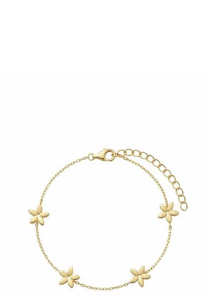 Pulsera delicada de cadena de oro con cuatro pequeños colgantes de flores de cinco pétalos espaciados uniformemente y un cierre de langosta con eslabones ajustables.