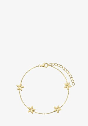 Pulsera delicada de cadena de oro con cuatro pequeños colgantes de flores de cinco pétalos espaciados uniformemente y un cierre de langosta con eslabones ajustables.