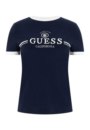 Marineblaues kurzärmeliges T-Shirt mit weißem Kragen und Bündchen, mit dem Text "Sports Club GUESS California" und Logo auf der Brust.