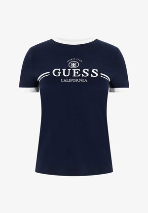 Marineblaues kurzärmeliges T-Shirt mit weißem Kragen und Bündchen, mit dem Text "Sports Club GUESS California" und Logo auf der Brust.