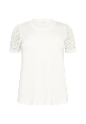 White t-shirt with short sleeves featuring lace accents on the shoulders. Soft texture, round neckline, and relaxed fit.