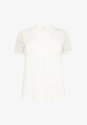 T-shirt blanc à manches courtes avec des accents en dentelle sur les épaules. Texture douce, encolure ronde et coupe décontractée.