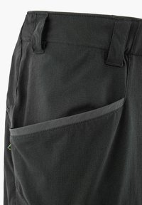 Black fabric pants with a textured surface, featuring a side pocket and belt loops. The waistband is smooth, and accents include gray trim.