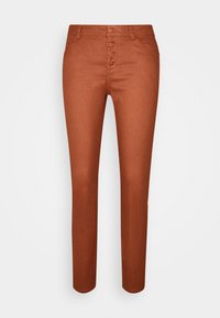 Rust-colored skinny jeans made of smooth fabric, featuring a front-button closure with five buttons and standard belt loops.