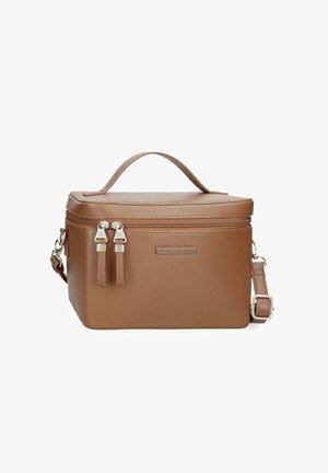 Borsa rettangolare marrone in pelle con manico superiore, chiusura con doppia cerniera, tracolla regolabile e logo "Pepe Jeans" sul davanti.