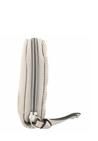 Beige wallet with a textured fabric and smooth leather, featuring a silver zipper and a detachable strap, with a slim rectangular shape.