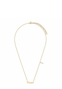 Złoty naszyjnik z zawieszką w formie napisu "Mama", z teksturowanym łańcuchem i małą perłą z boku. Regulowana długość.