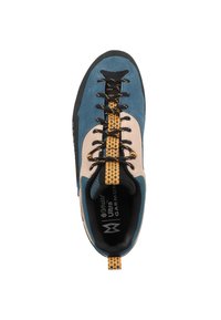 Blue and beige climbing shoe with a textured surface, black rubber sole, and distinctive yellow geometric lace pattern.