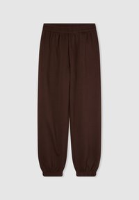 Brązowe dresowe spodnie z elastycznym pasem i zwężanymi nogawkami, charakteryzujące się gładką fakturą i prostym wzornictwem, idealne do codziennego noszenia.
