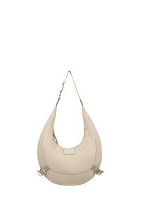 Beige, polstret hobo-veske med en overdimensjonert form. Har en skulderrem, side-spenner og en frontlapp med logo. Glatt tekstur.