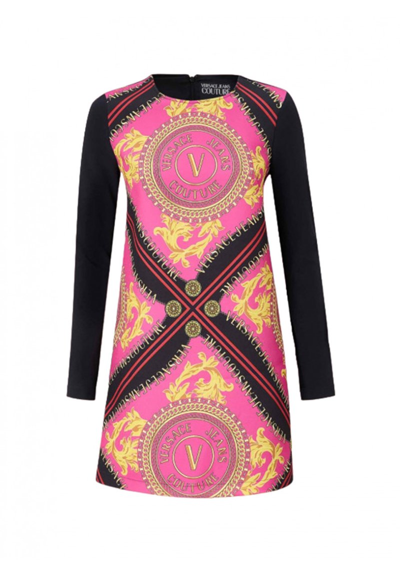 Langarmkleid mit einem pinken und schwarzen Design, verziert mit goldenen Mustern, Logos und Akzenten, gefertigt aus einem glatten Stoff.