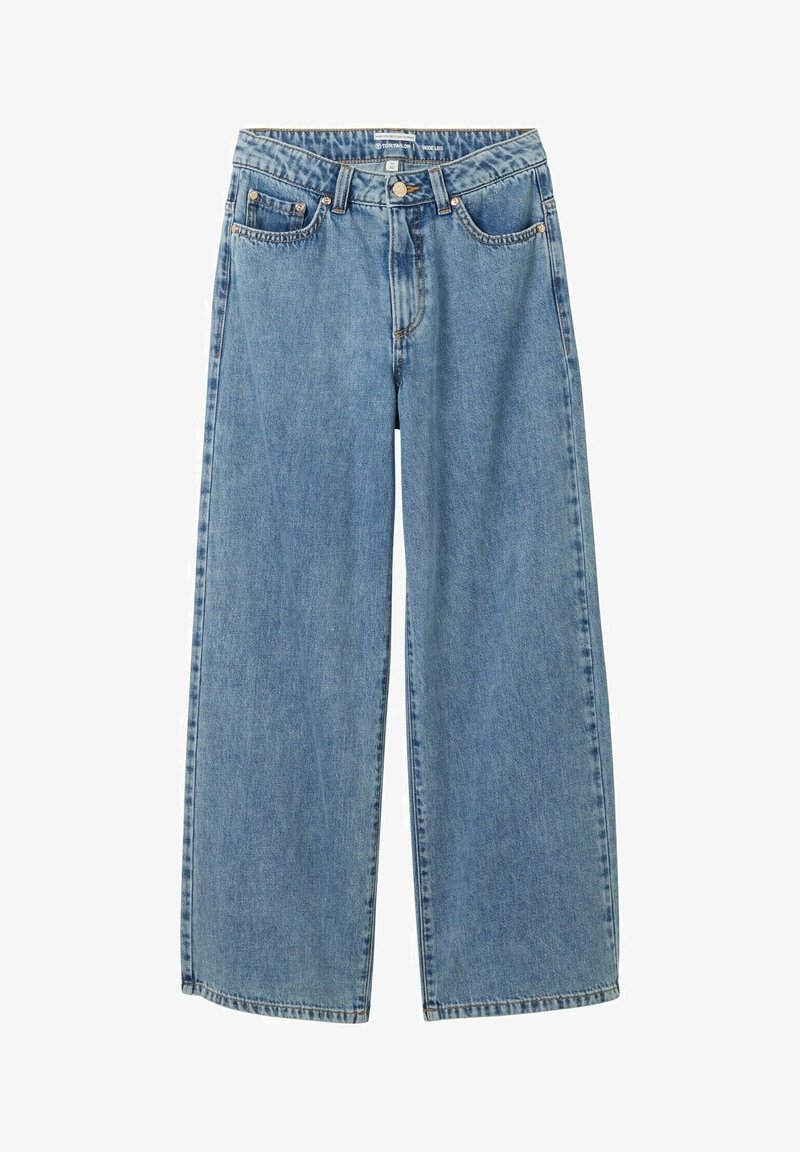 Jean denim bleu clair à jambes larges, taille haute, fermeture zippée avec bouton à l'avant, et design à cinq poches.