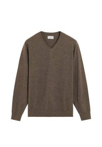 Brauner, langärmeliger V-Ausschnitt-Pullover mit gerippten Bündchen und Saum, flach auf einem weißen Hintergrund präsentiert.