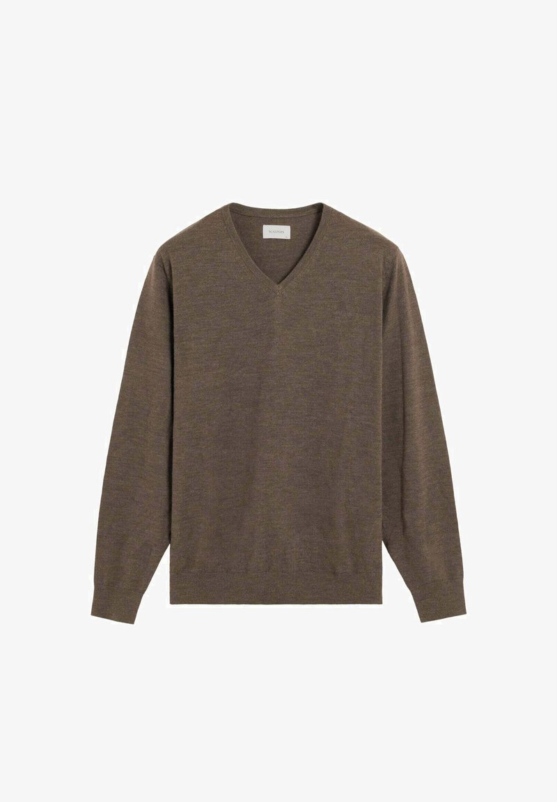 Brauner, langärmeliger V-Ausschnitt-Pullover mit gerippten Bündchen und Saum, flach auf einem weißen Hintergrund präsentiert.