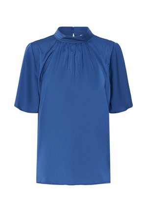 Rövid ujjú blúz egy szolid kék anyagból, magas nyakkal és felszínre emelkedő részletekkel a vállakon, kulcslyuk hátmegoldással.