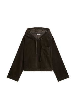 Donkerbruine corduroy cropped hoodie met lange mouwen, voorzak op de borst en capuchon met trekkoord.