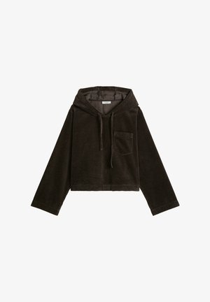 Donkerbruine corduroy cropped hoodie met lange mouwen, voorzak op de borst en capuchon met trekkoord.