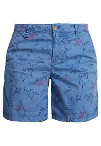 Shorts bleus en tissu léger avec un motif floral rose et bleu foncé. Fermeture avant par boutons avec passants pour ceinture.