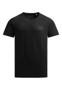 Black short-sleeve t-shirt made of cotton featuring a small, tonal logo on the chest. Classic crew neck design. Soft texture, casual fit.