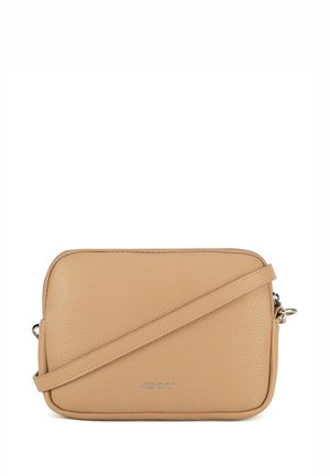 Bolso bandolera rectangular de cuero beige con cierre de cremallera y correa ajustable, con la marca "JENNY" en el centro delantero.