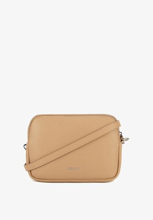 Bolso bandolera rectangular de cuero beige con cierre de cremallera y correa ajustable, con la marca "JENNY" en el centro delantero.