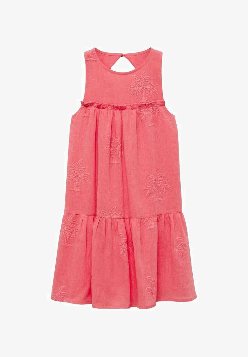 Rochie fără mâneci, de culoare roz corai, cu decolteu rotund, spate cu incizie în formă de cheie și modele brodate cu palmieri pe un material stratificat și fluid.