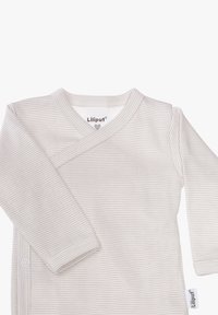Light gray long-sleeve wrap top with thin white stripes, featuring a V-neckline and a side button closure. Soft cotton material.