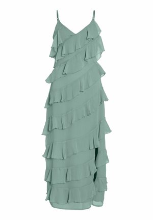 Svetlozelené maxi šaty bez rukávov s diagonálnymi vrstvenými volánmi a tenkými nastaviteľnými ramienkami.