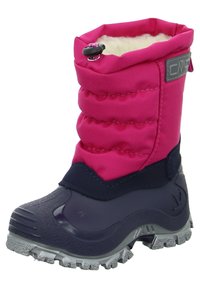 Roze en marineblauwe geïsoleerde winterlaars met een puffy nylon bovenkant, fleece voering, rubberen schil en een gestructureerde grijze buitenzool voor grip.