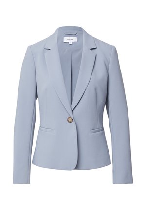 Light blue tailored blazer made of smooth fabric. Features a single button closure, notched lapels, and two front pockets.