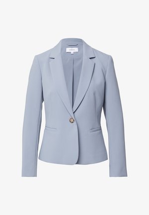 Light blue tailored blazer made of smooth fabric. Features a single button closure, notched lapels, and two front pockets.