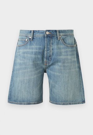 Denim blue shorts with front button, zipper, belt loops, two front pockets, and faded texture on light background.