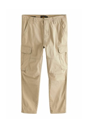Pantalones cargo beige de algodón, con múltiples bolsillos laterales, un diseño de pierna recta y costuras visibles para un detalle adicional.