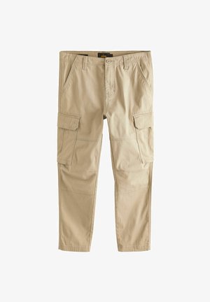 Beige cargobukser lavet af bomuld, med flere sidelommer, en lige ben-design og synlige sømme for ekstra detaljer.