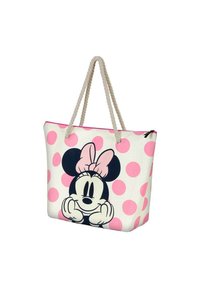 Canvas draagtas, wit met grote roze stippen, met een cartoonfiguur erop. Touwhandvatten, ritsluiting aan de bovenkant.