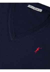 Polo bleu marine avec un col en V, fabriqué en tissu lisse avec un petit logo rouge brodé sur le côté gauche.