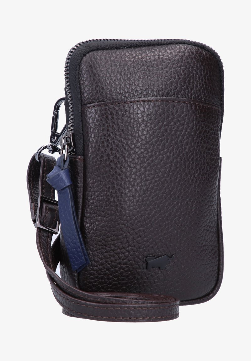 Borsa a tracolla in pelle marrone con finitura testurizzata, chiusura con zip, tracolla regolabile e un piccolo logo sulla parte anteriore.
